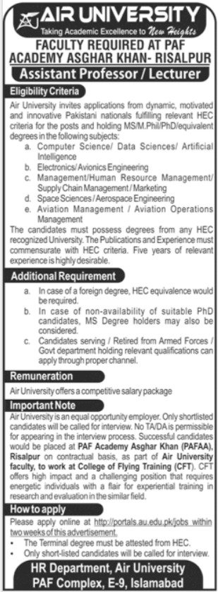 Air University Risalpur khyber Pakhtunkhwa Jobs 2024 – Air University Multan Campus Jobs 2024 — original advertisement