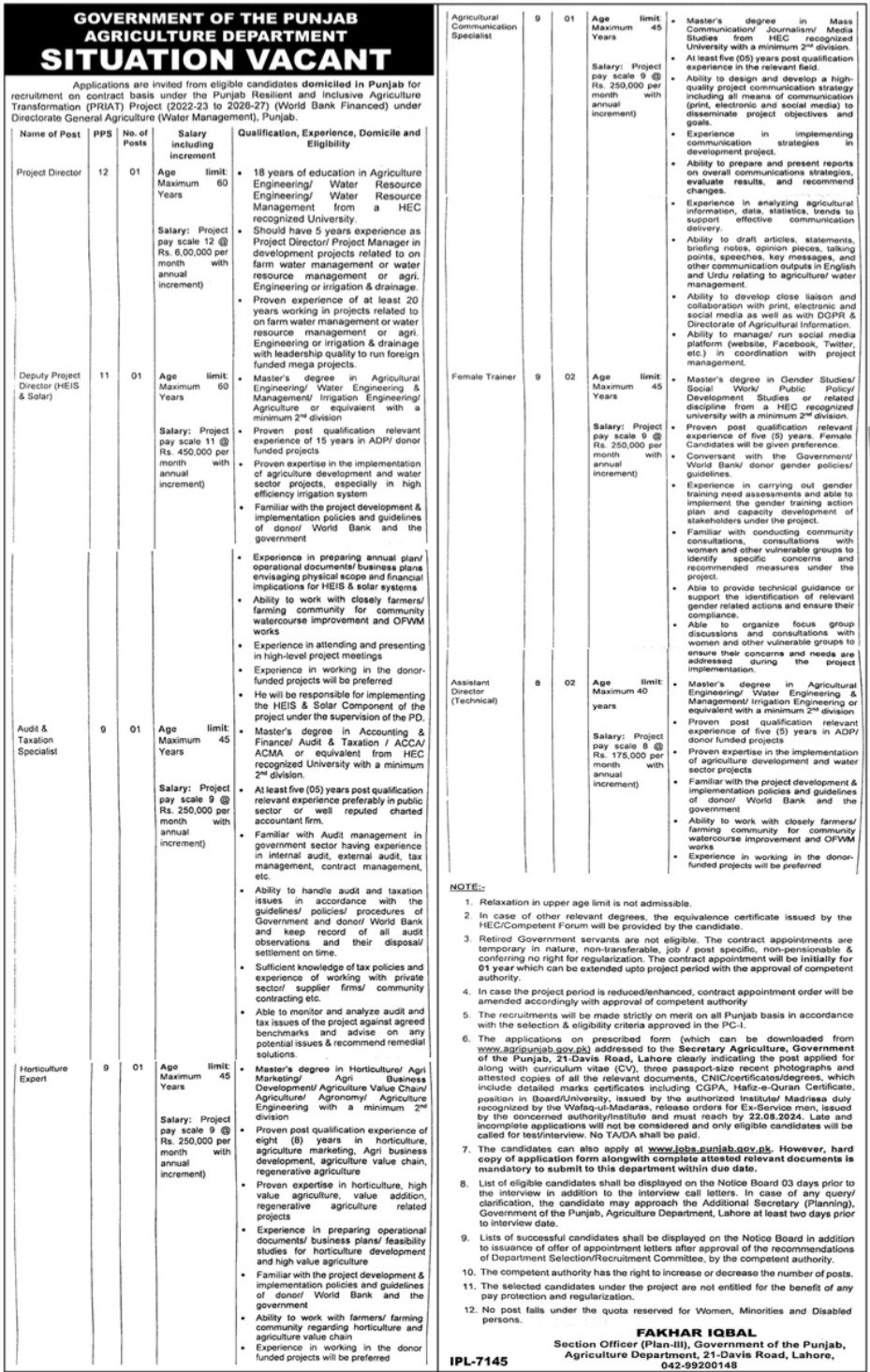 Agriculture Department Lahore Punjab Jobs 2024 – Agriculture Department Punjab Jobs 2024 — original advertisement