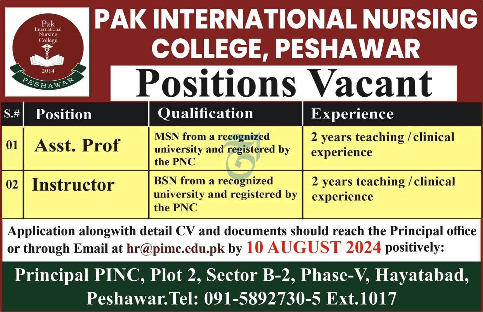 Pak International Nursing College Peshawar Jobs 2024 Jobs 2024 — original advertisement
