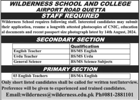 Wilderness School And College Quetta Jobs 2024 Jobs 2024 — original advertisement