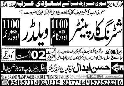 Welder & Shuttering Carpenter Jobs 2024 In Saudi Arabia – Hassan Abdal Trade Test & Training Center Jobs 2024 — original advertisement