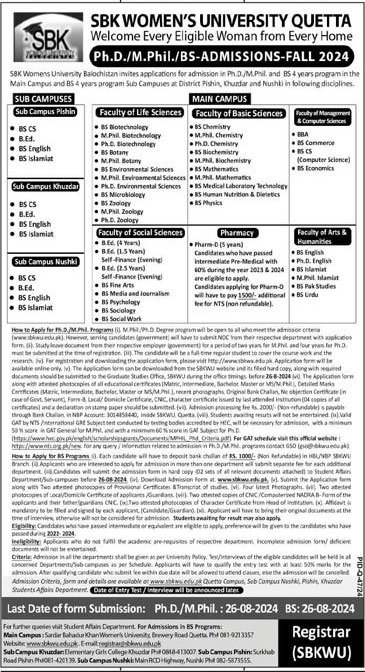 Admissions Open in sardar Bahadur khan Women University 2024 – Sardar Bahadur Khan Women's University Quetta Admissions 2024 — original advertisement