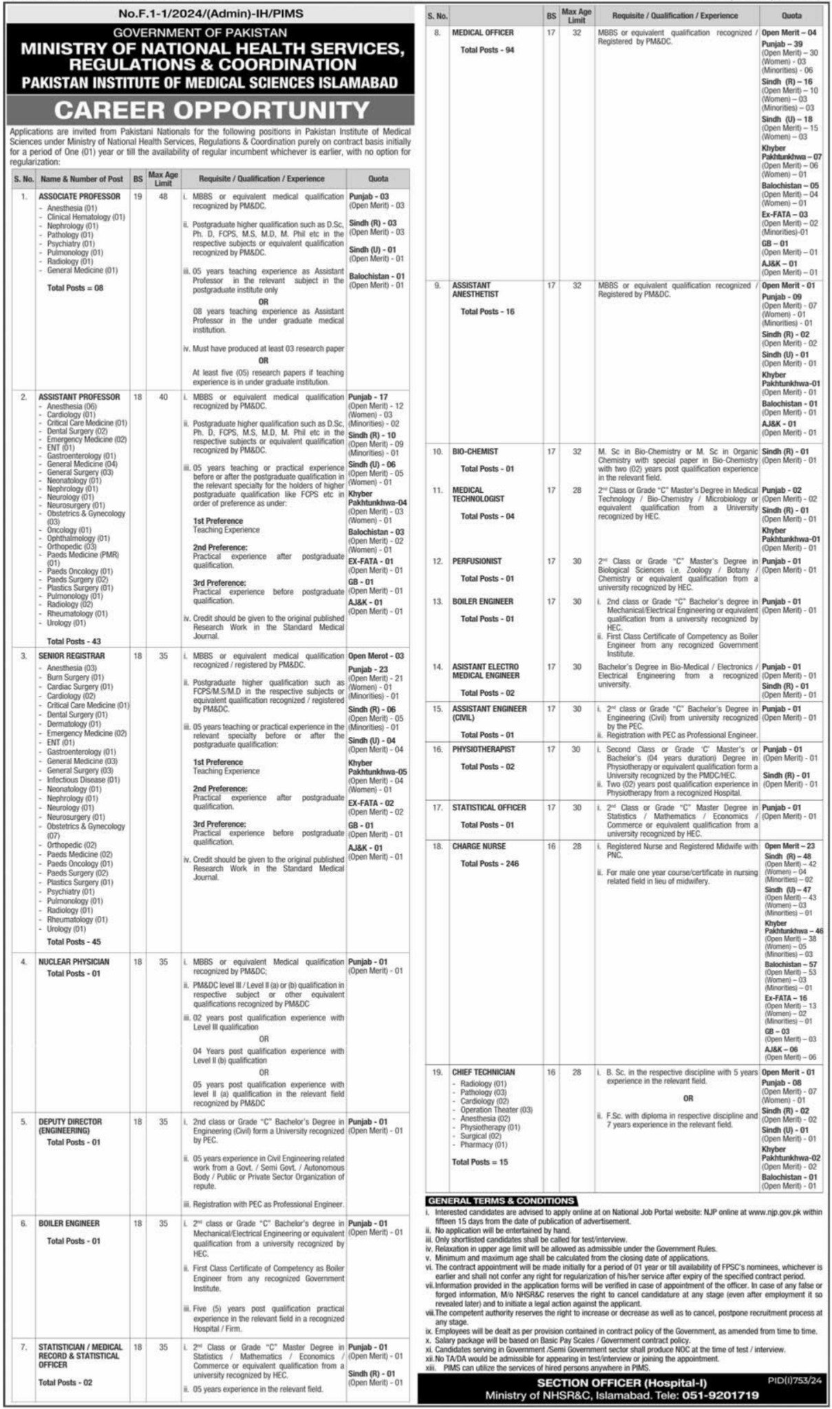 Ministry Of National Health Services Islamabad Jobs 2024 – Ministry of National Health Services Regulation and Coordination Jobs 2024 — original advertisement