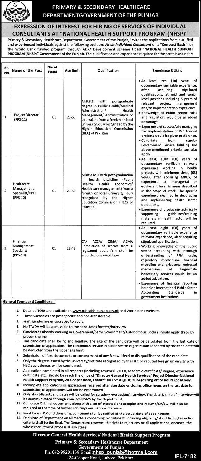 Primary & Secondary Healthcare Department Lahore Jobs 2024 – Health Department Punjab Jobs 2024 — original advertisement