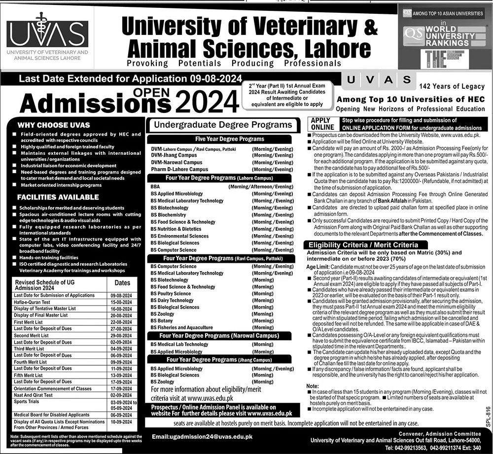 Admission Open in University of veterinary And Animal Sciece – University of Veterinary and Animal Sciences Lahore Admissions 2024 — original advertisement