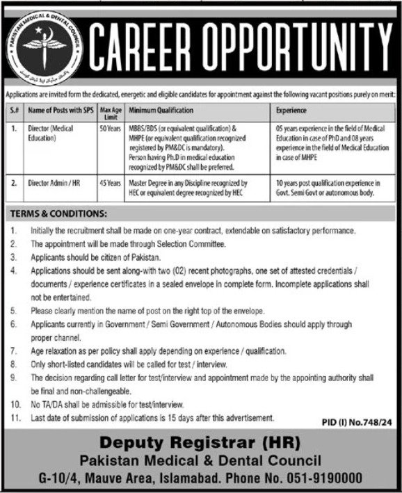 Pakistan Medical And Dental Council Islamabad Jobs 2024 – Pakistan Medical & Dental Council PMDC Jobs 2024 — original advertisement