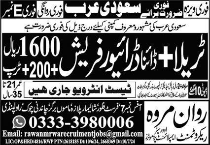 Triala Driver & Dyna Driver Jobs 2024 In Saudi Arabia – Rawan Marwa Recruitment Overseas Employment Promoters Jobs 2024 — original advertisement