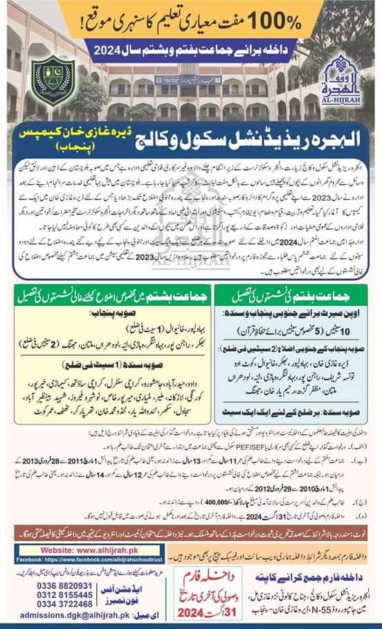 Admissions Open in al hijrah Residential College dg khan cam – Al Hijrah Residential School And College Jinnah Campus Admissions 2024 — original advertisement