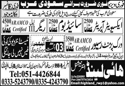 Side Boom Operator & Work Permit Receiver Jobs 2024 – High Land International Jobs 2024 — original advertisement
