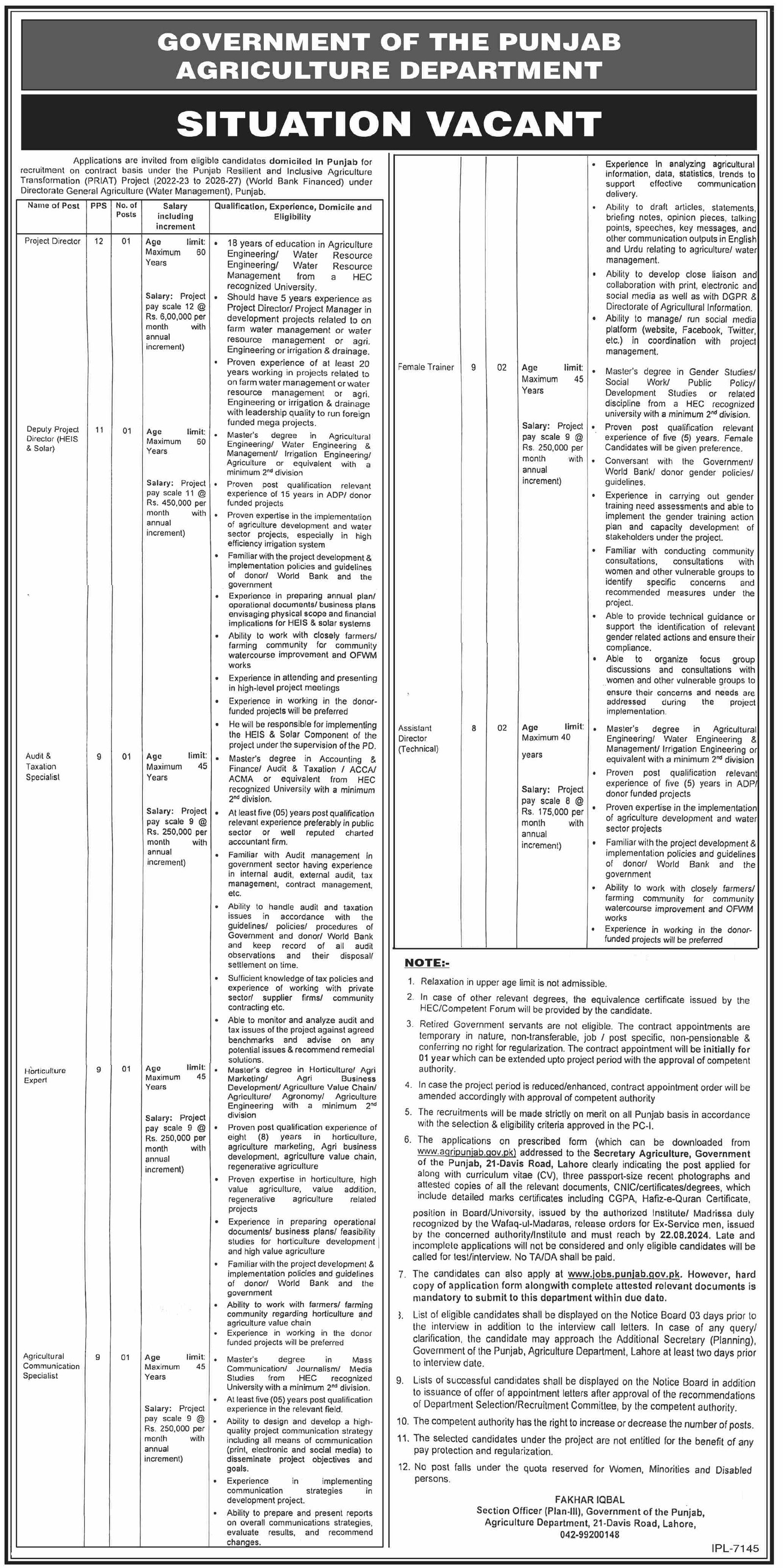 Agriculture Department Punjab Jobs 2024 Jobs 2024 — original advertisement