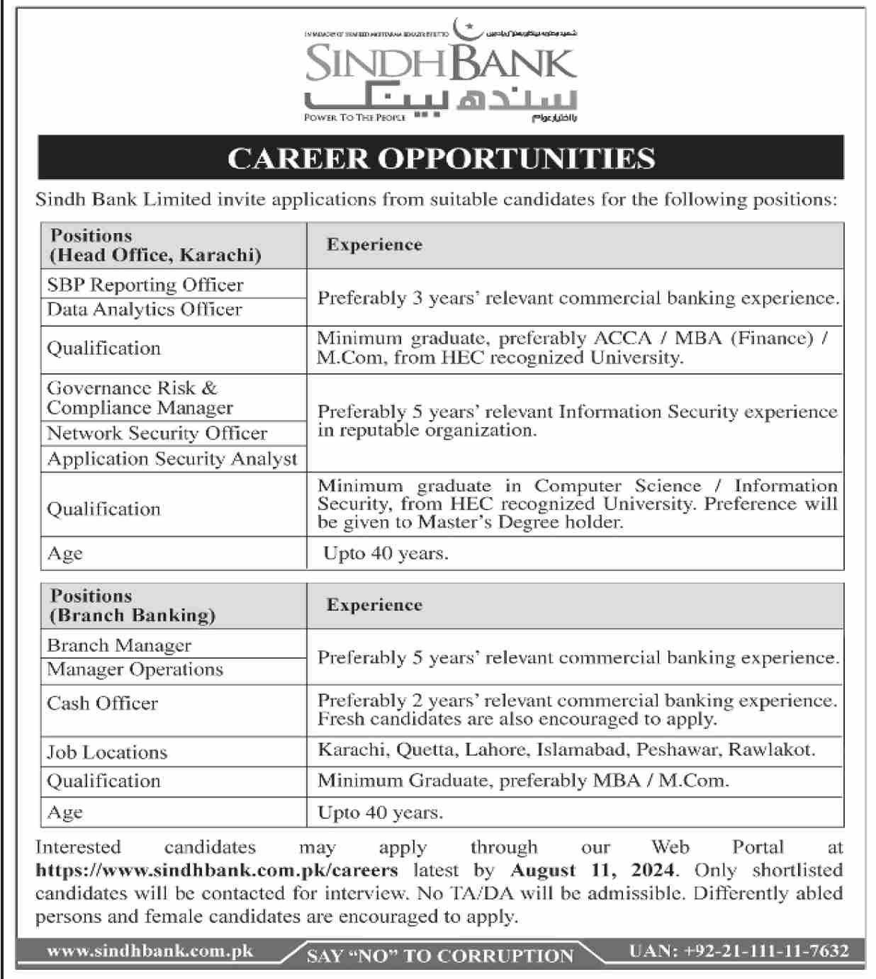 Sindh Bank Limited Karachi Jobs 2024 Jobs 2024 — original advertisement