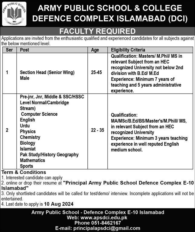 Army Public School And College Islamabad Jobs 2024 – Army Public School & College Paksitan Jobs 2024 — original advertisement