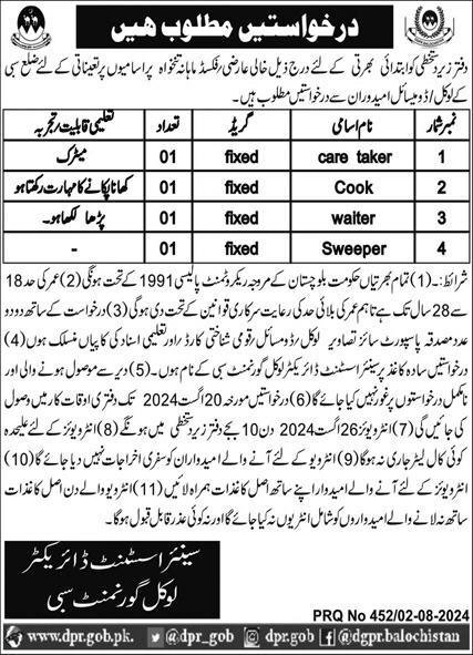 Local Government Department Sibi Jobs 2024 – Local Government and Rural Development Department Balochistan Jobs 2024 — original advertisement