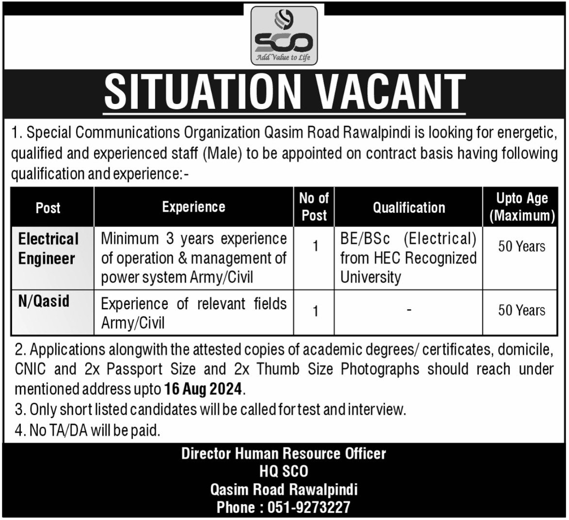 Special Communications Organization SCO Rawalpindi Jobs 2024 – Special Communication Organization Jobs 2024 — original advertisement