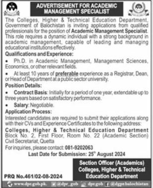 The Colleges Higher And Technical Education Jobs – Colleges Higher and Technical Education Department Balochsitan Jobs 2024 — original advertisement
