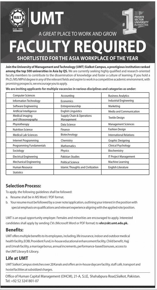 University Of Management And Technology Jobs 2024 – University of Management & Technology Lahore Jobs 2024 — original advertisement