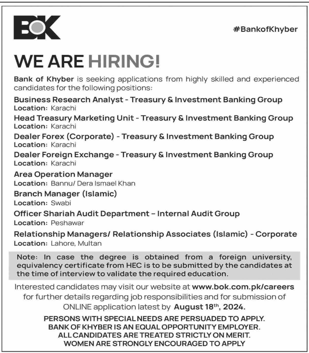 Bank of Khyber BOK Jobs 2024 Jobs 2024 — original advertisement