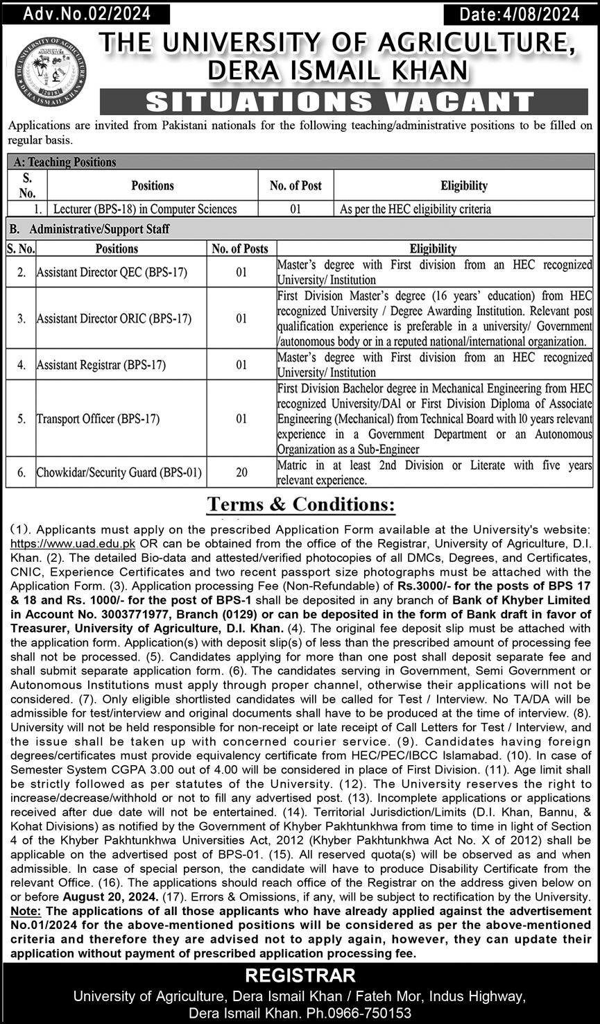 University of Agriculture Dera Ismail Khan Jobs 2024 – Univerisity of Agriculture Swat Jobs 2024 — original advertisement