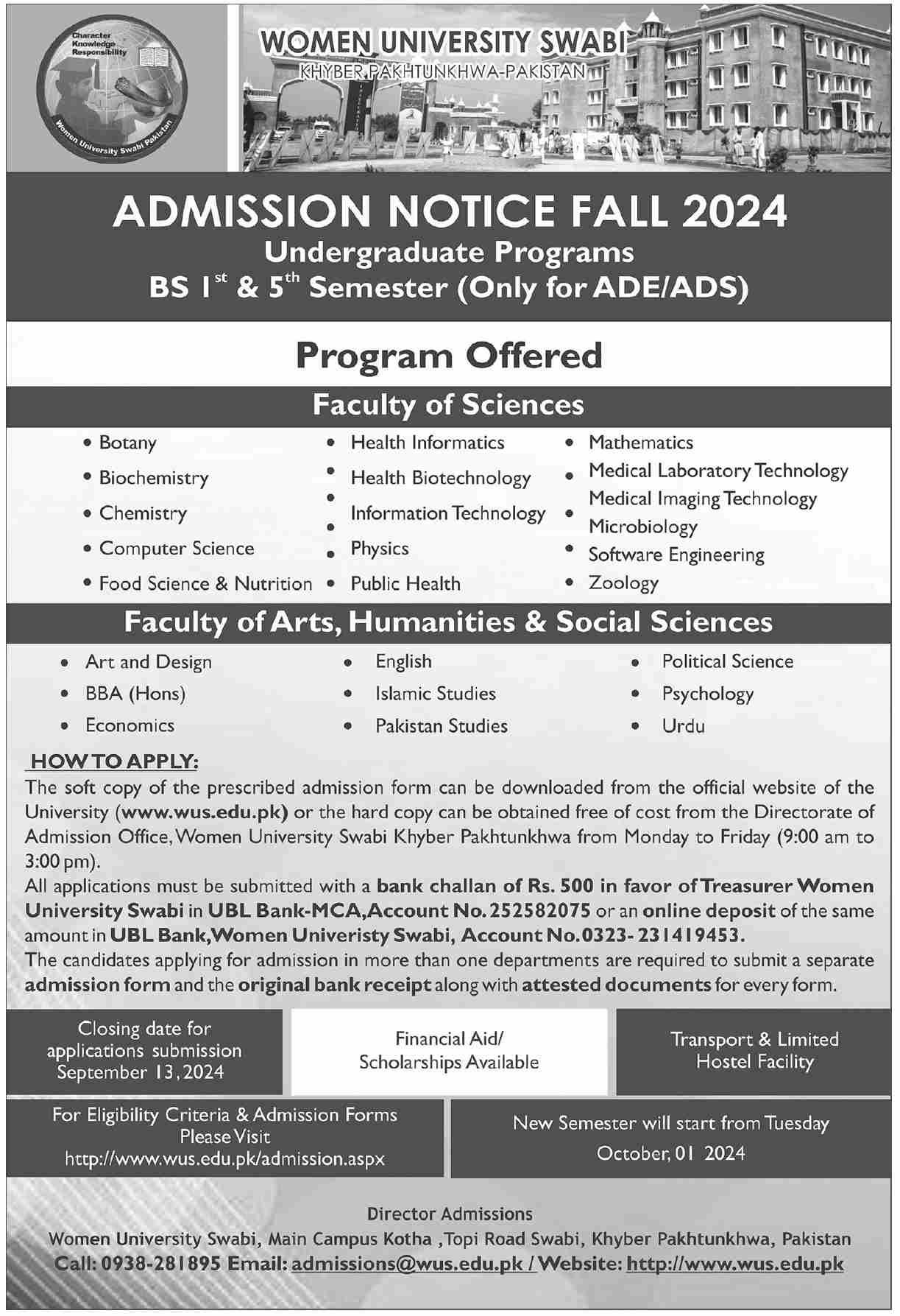 Admission Open in Women University Swabi 2024 Admissions 2024 — original advertisement
