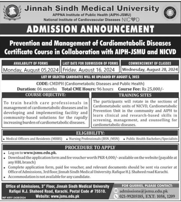 Admission Open in Jinnah Sindh Medical University – Jinnah Sindh Medical University Karachi Admissions 2024 — original advertisement