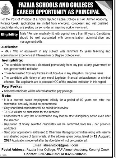 Fazaia School And College Karachi Jobs 2024 – Fazaia Schools & Colleges Jobs 2024 — original advertisement