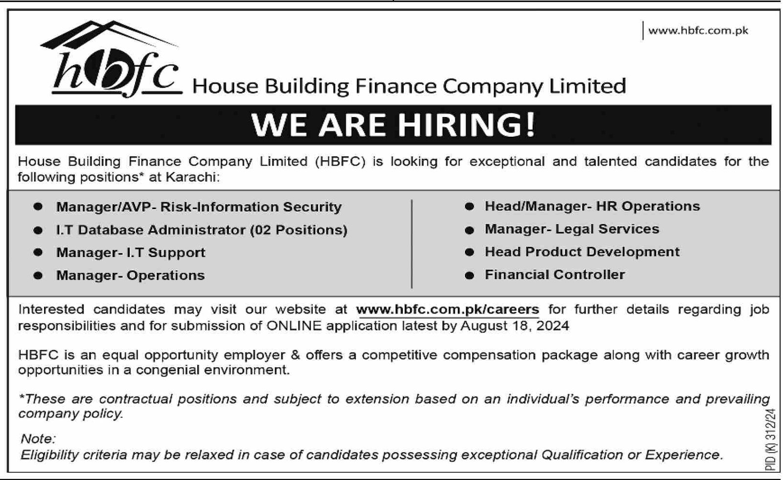 House Building Finance Company Limited Karachi Jobs 2024 – House Building Finance Company Ltd Jobs 2024 — original advertisement