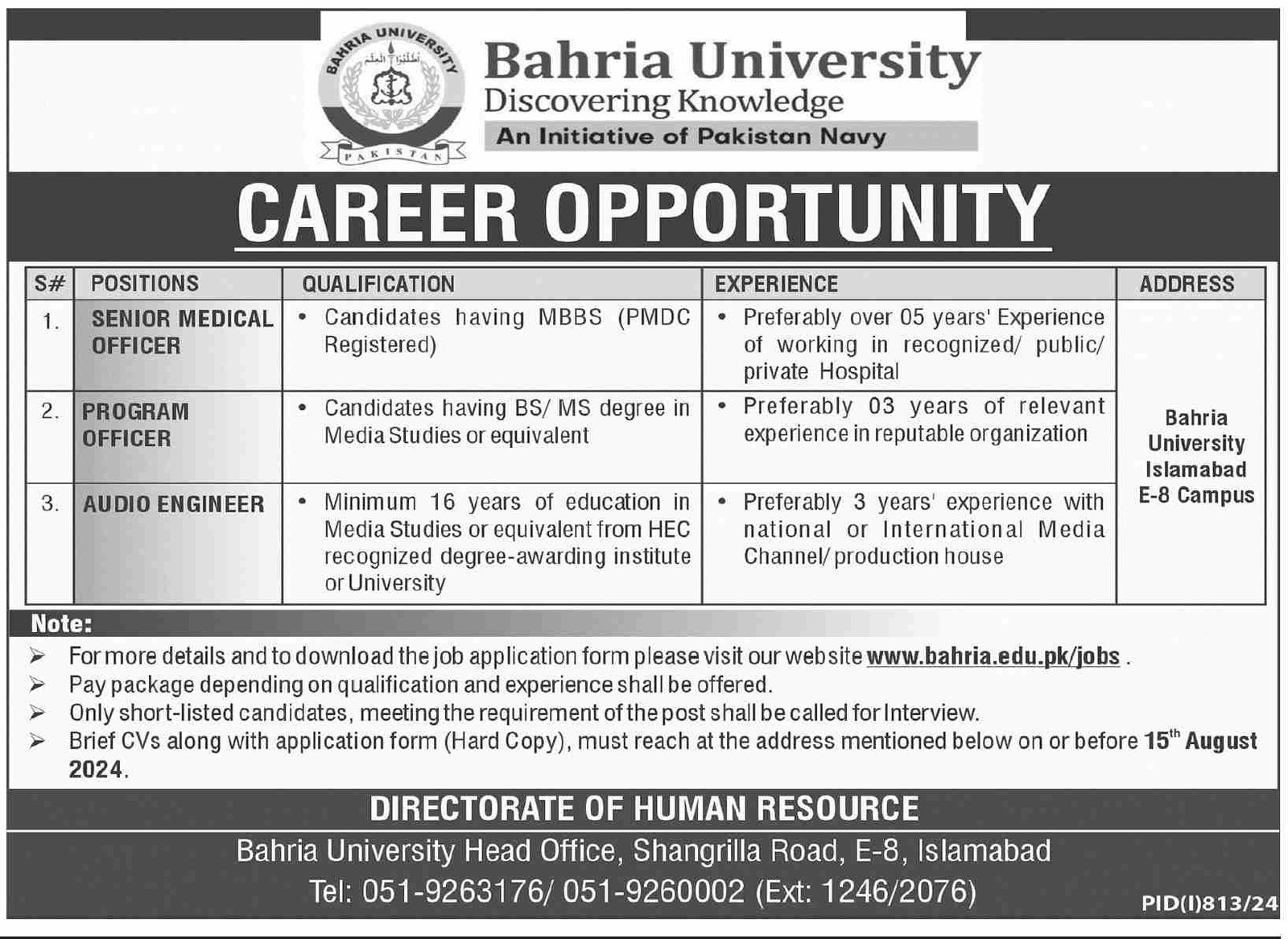 Bahria University Islamabad Jobs 2024 Jobs 2024 — original advertisement