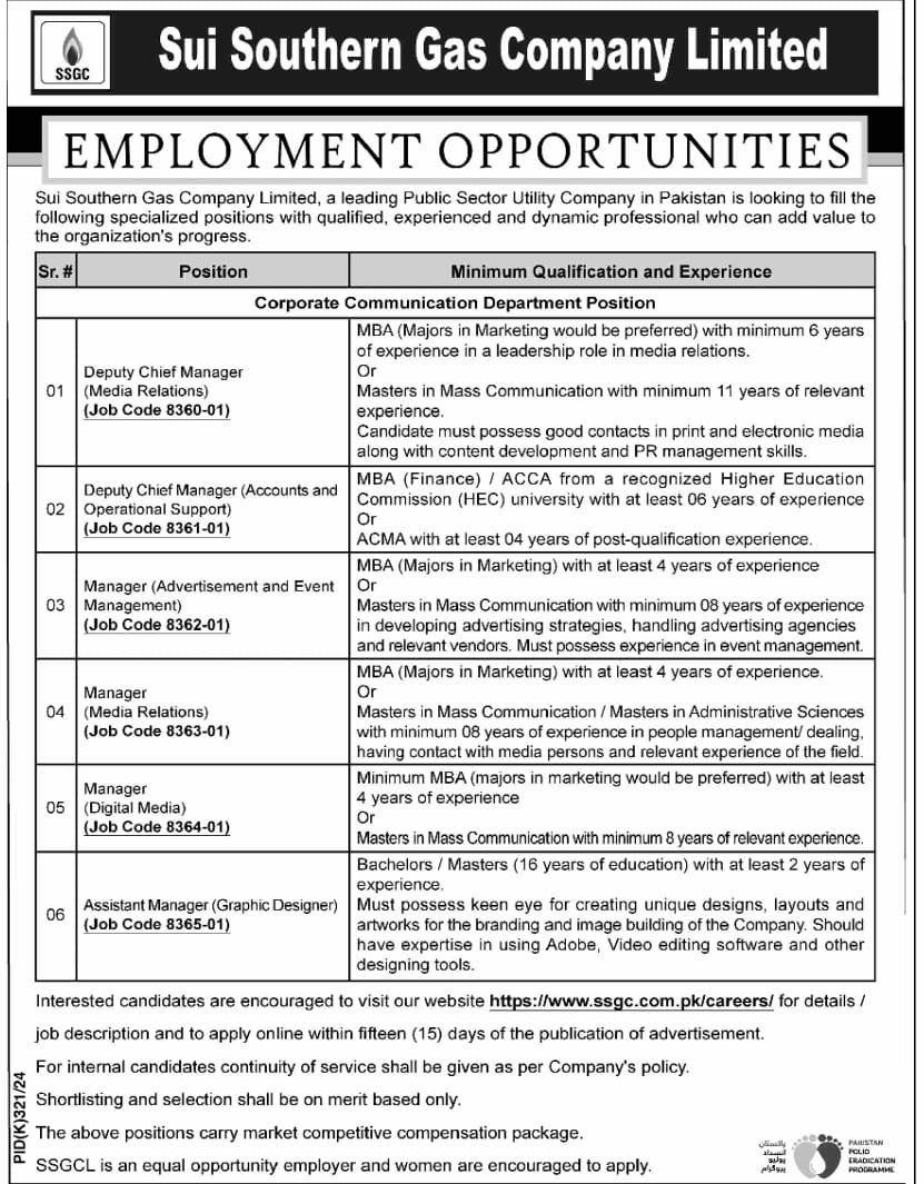 Sui Southern Gas Company Limited SSGC Joba 2024 Jobs 2024 — original advertisement