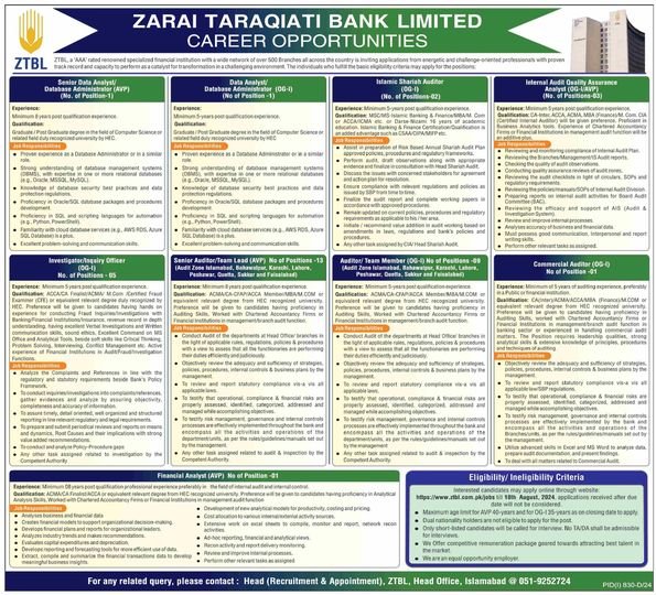 Zarai Taraqiati Bank Limited ZTBL Bank Islamabad Jobs  2024 Jobs 2024 — original advertisement