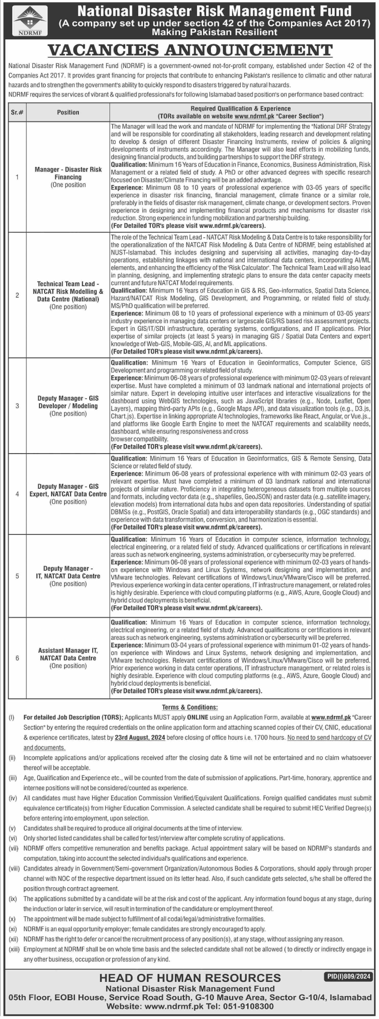 National Disaster Risk Management Fund Jobs 2024 – National Disaster & Risk Management Fund Jobs 2024 — original advertisement