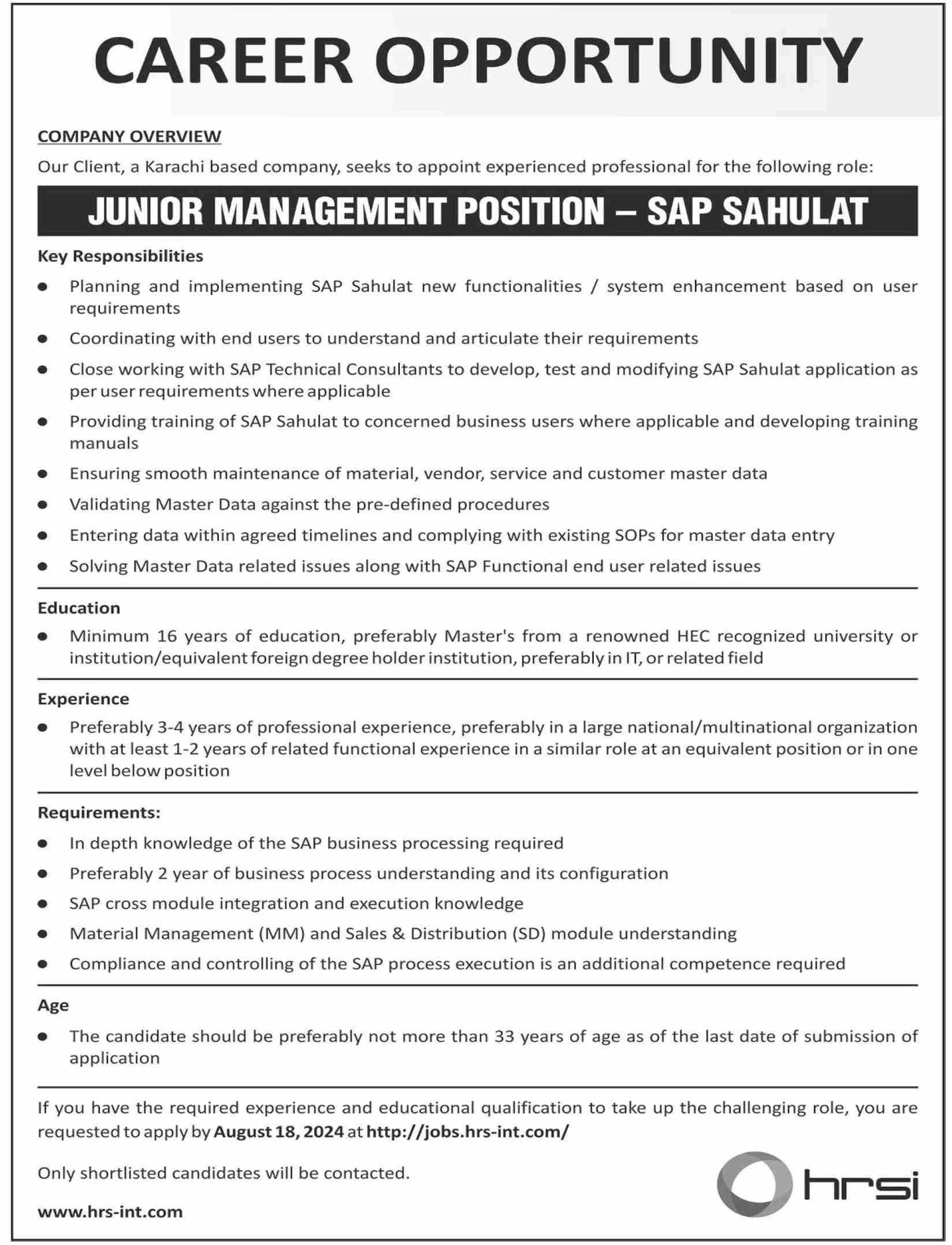 HRSI Company Jobs 2024 In Karachi Sindh – HRSG People and Business karachi Jobs 2024 — original advertisement
