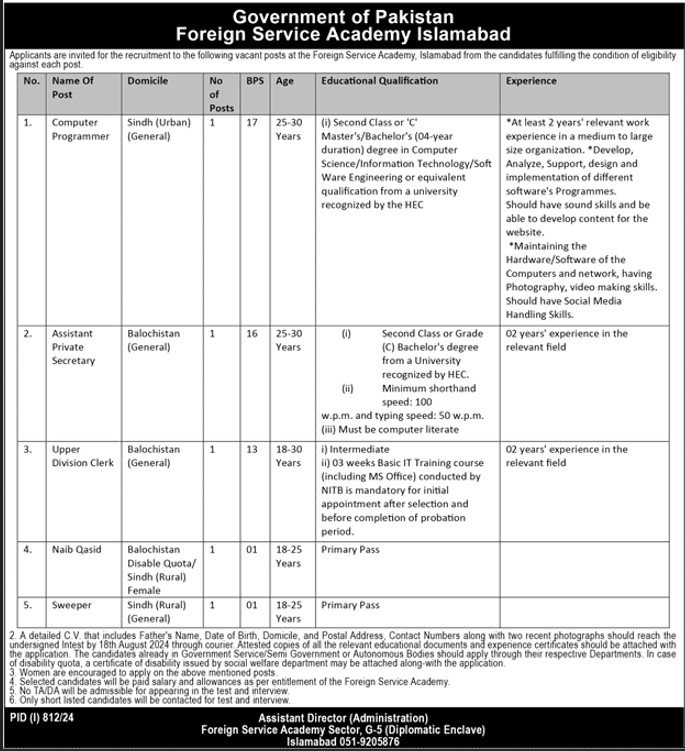 Foreign Service Academy Fsa Islamabad Jobs 2024 Jobs 2024 — original advertisement