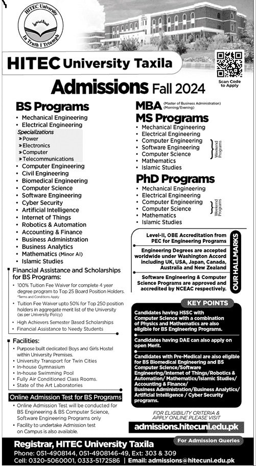 Admission Open in Hitch University Taxila 2024 – HITEC University Taxila Admissions 2024 — original advertisement