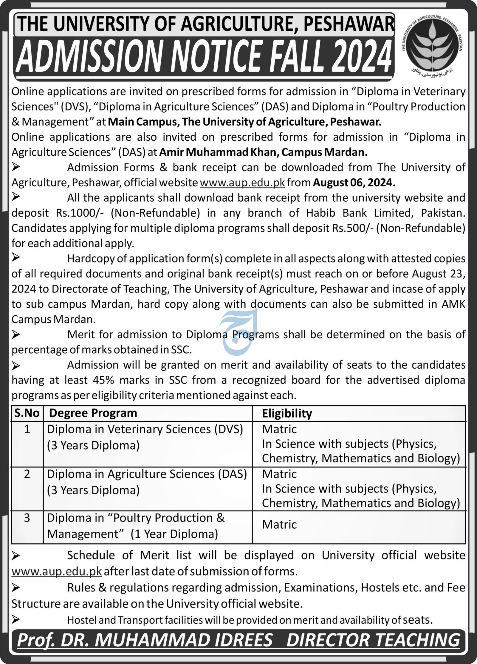 Admission Open in University of Agriculture Peshawar 2024 – University of Agriculture, Peshawar Admissions 2024 — original advertisement