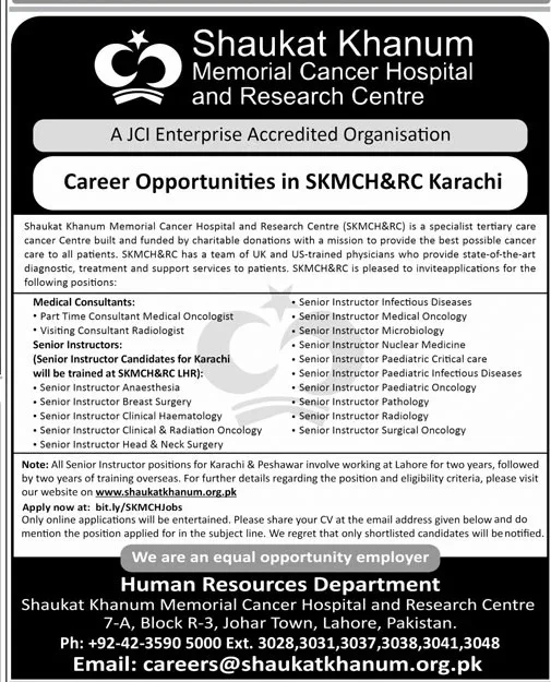 Shaukat Khanum Hospital Lahore Jobs 2024 – Shaukat Khanum Memorial Cancer Hospital and Research Centre Jobs 2024 — original advertisement
