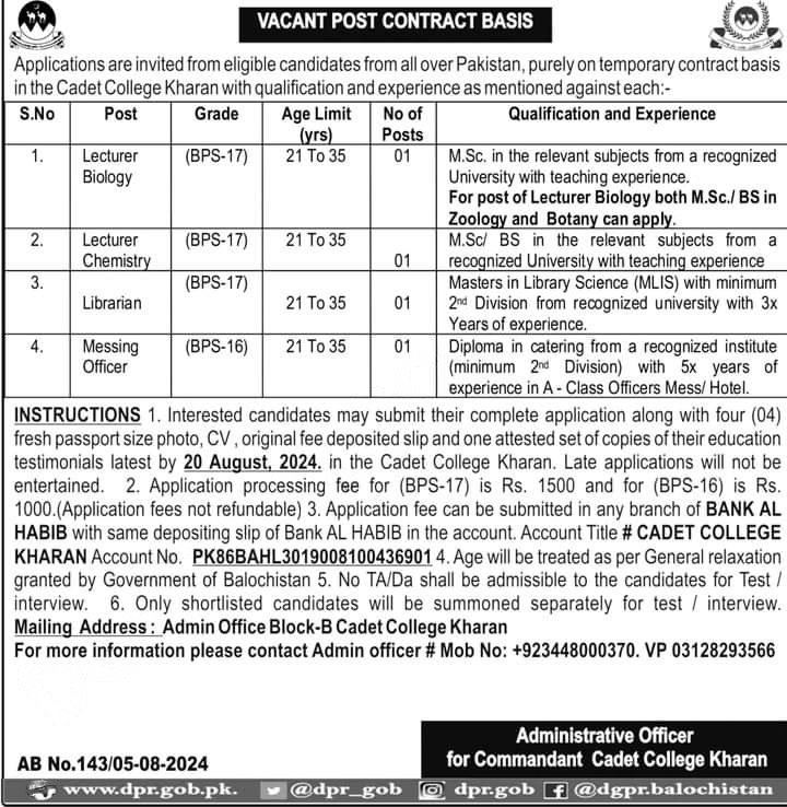 Cadet College Kharan Balochistan Jobs 2024 Jobs 2024 — original advertisement