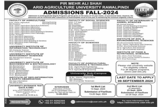 Admissions Open in Pir Mehr Ali shah Arid agricultural Unive – Pir Mehr Ali Shah Arid Agriculture University Rawalpinid Admissions 2024 — original advertisement