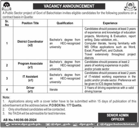 Public Sector Project Balochistan Jobs 2024 – Public Sector Organization Jobs 2024 — original advertisement