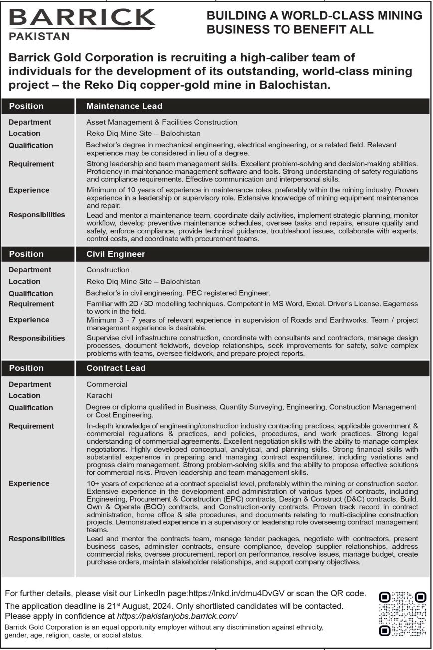 Barrick Pakistan Balochistan Jobs 2024 Jobs 2024 — original advertisement