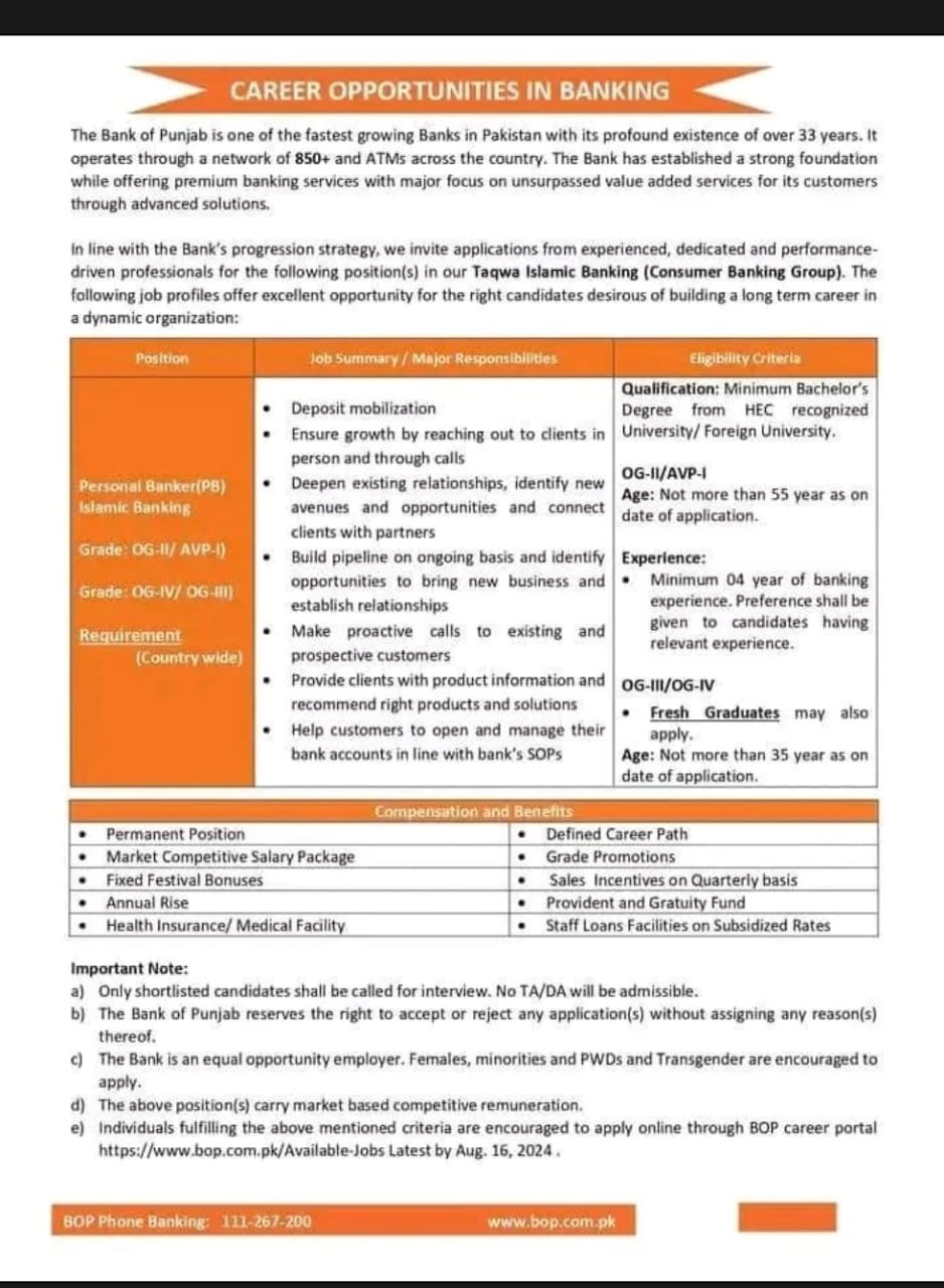 Bank of Punjab bop Jobs 2024 Jobs 2024 — original advertisement