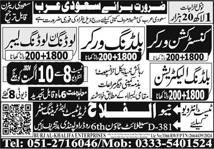 Construction Worker & Building Worker Jobs 2024 – Al Falah Trade Test Jobs 2024 — original advertisement