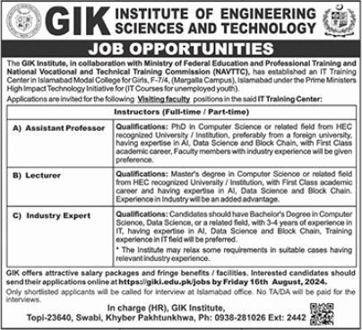 GIK Institute Of Engineering Sciences & Technology Jobs 2024 – Ghulam Ishaq Khan GIK Institute of Engineering Sciences and Technology Swabi Jobs 2024 — original advertisement
