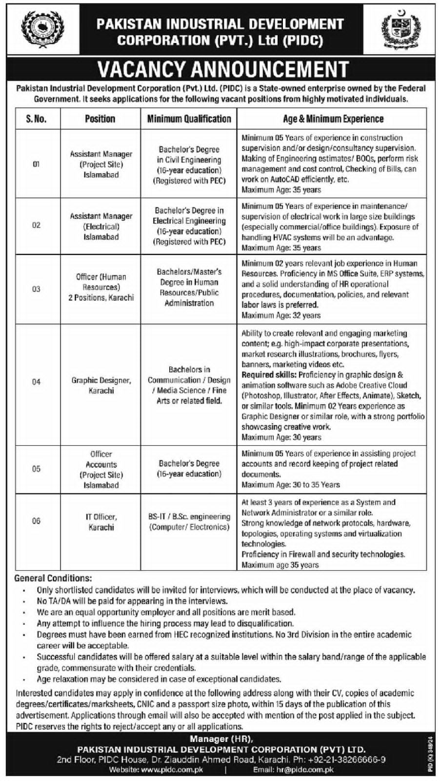 Pakistan Industrial Development Corporation Islamabad Jobs – Punjab Industrial Estates Development & Management Company Jobs 2024 — original advertisement