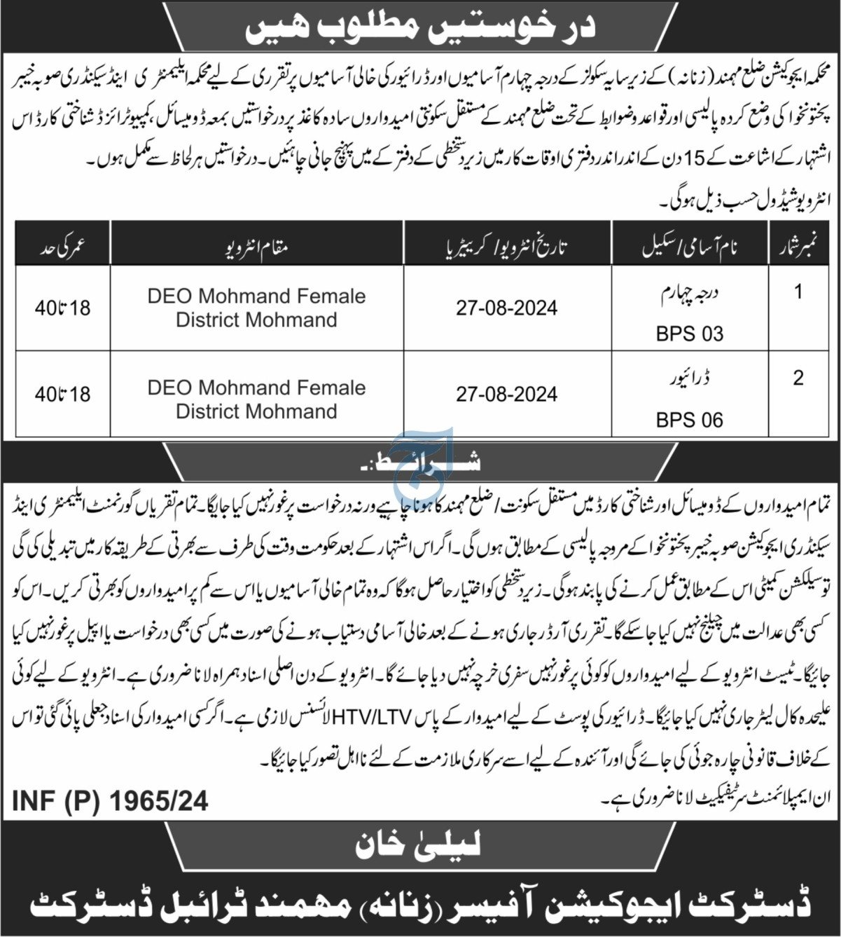 Education Department District Mohmand Jobs 2024 – Elementary & Secondary Education Department KPK Jobs 2024 — original advertisement