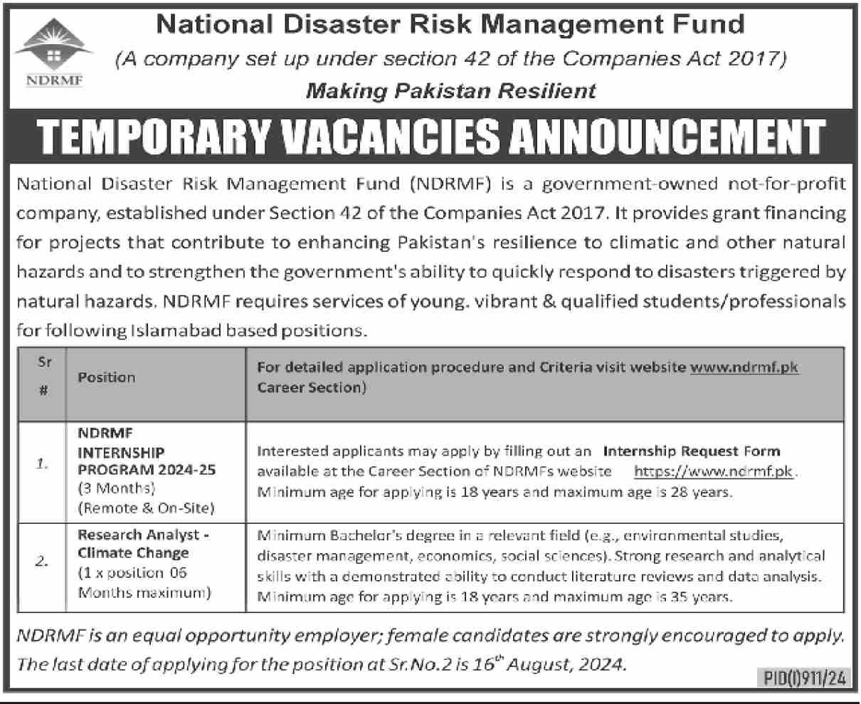 National Disaster Risk Management Fund Islamabad Jobs 2024 – National Disaster & Risk Management Fund Jobs 2024 — original advertisement