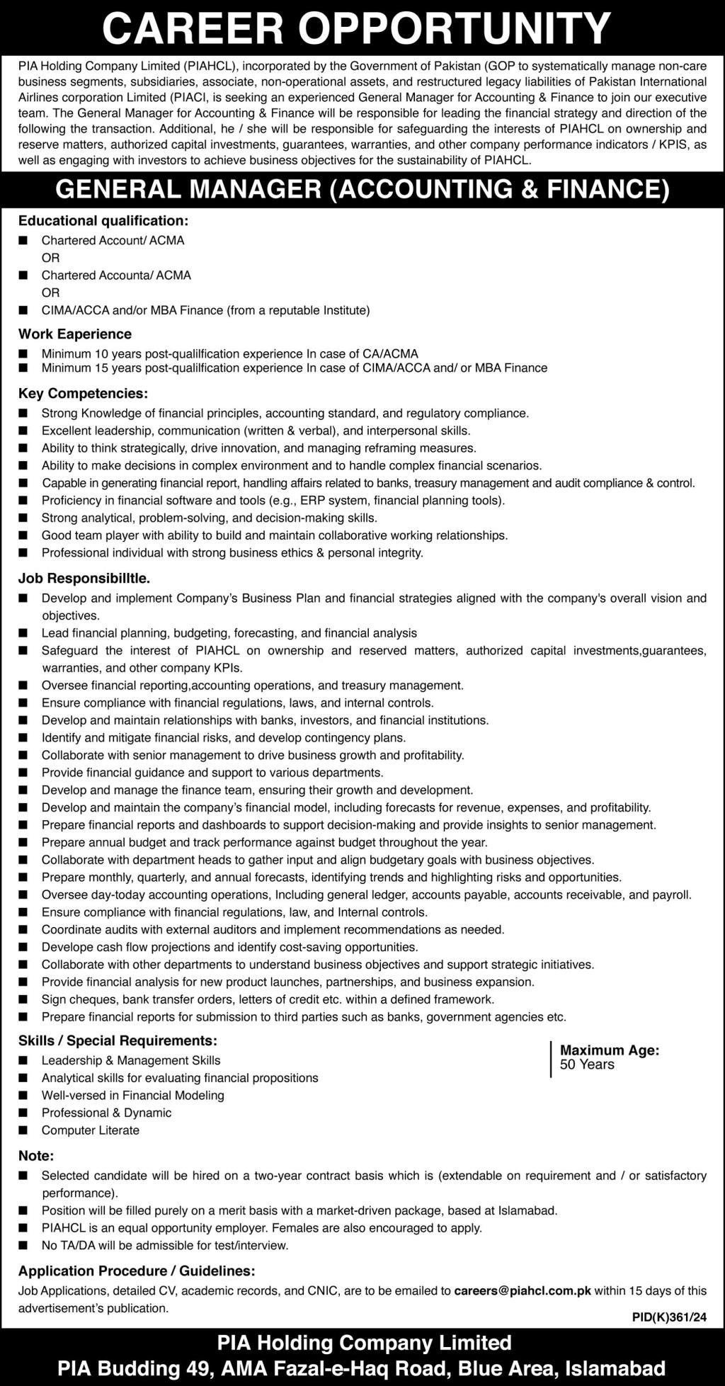 PIA Holding Company Limited PIAHCL Jobs 2024 – Private Company Jobs 2024 — original advertisement