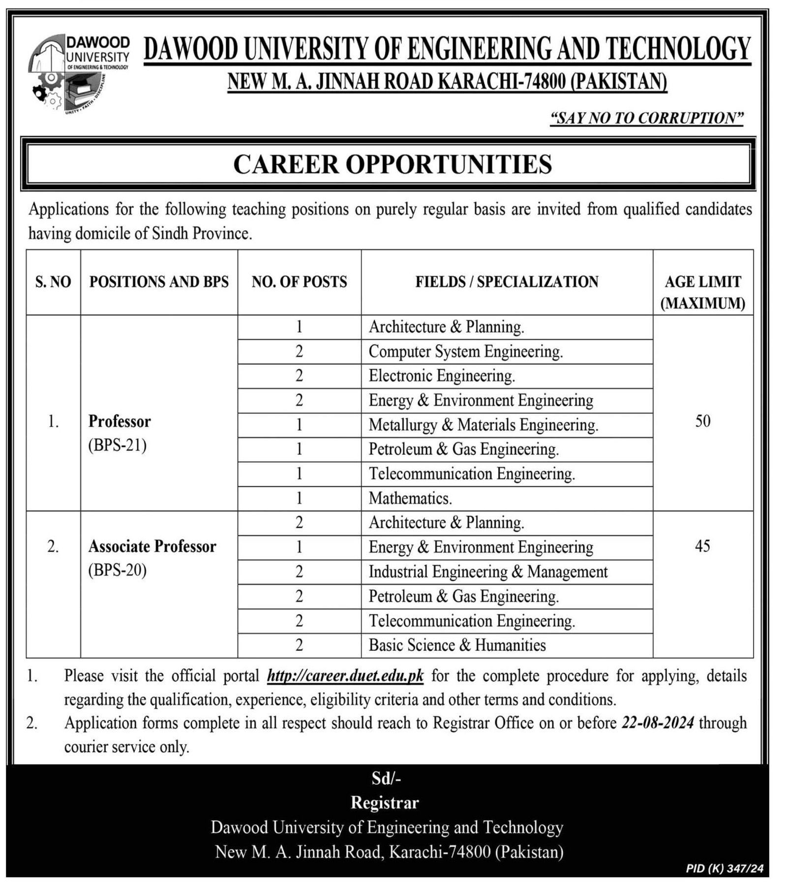 Dawood University of Engineering & Technology Karachi Jobs – Dawood University of Engineering and Technology Karachi Jobs 2024 — original advertisement
