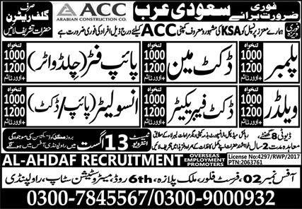 Pipe Insulator & Duct Insulator Jobs 2024 In Saudi Arabia – Al Ahdaf Recruitment Overseas Employment Jobs 2024 — original advertisement