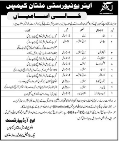 Air University Multan Campus Punjab Jobs 2024 Jobs 2024 — original advertisement