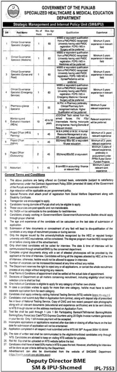Specialized Healthcare & Medical Education Lahore Jobs 2024 – Specialized Healthcare And Medical Education Department Lahore Jobs 2024 — original advertisement